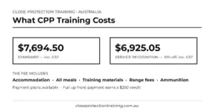 Black and white infographic of close protection training costs in Australia — $7,694.50 standard and $6,925.05 service recognition, inclusions and payment plans